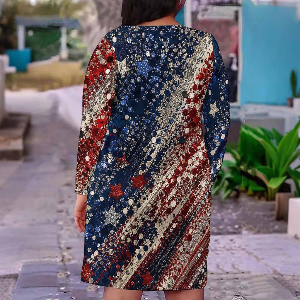 Women Plus Size V Neck Long Sleeve Teal Yellow Leaf Printed Straight Dress