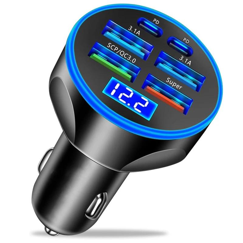 UYUXIO 6 in 1 USB C Car Charger Adapter Dual PD with Voltage Display QC 4.0 AFC Super Fast with Volt Meter for Samsung iPhone
