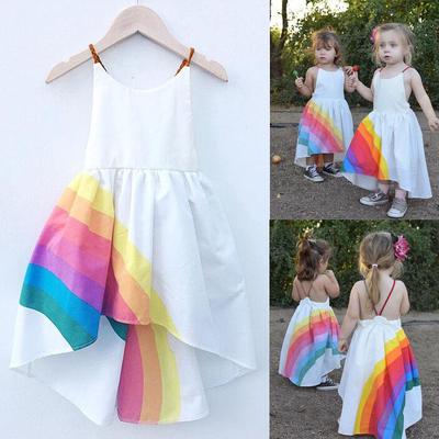 Kids Girls Fly Sleeve Striped Rainbow Princess Pageant Gown Birthday Party Dress