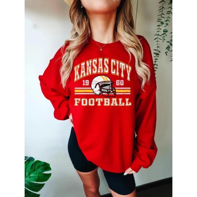 Kansas City Chiefs Womens Graphic Sweatshirt Casual Long Sleeve Crew Neck Pullover Streetwear