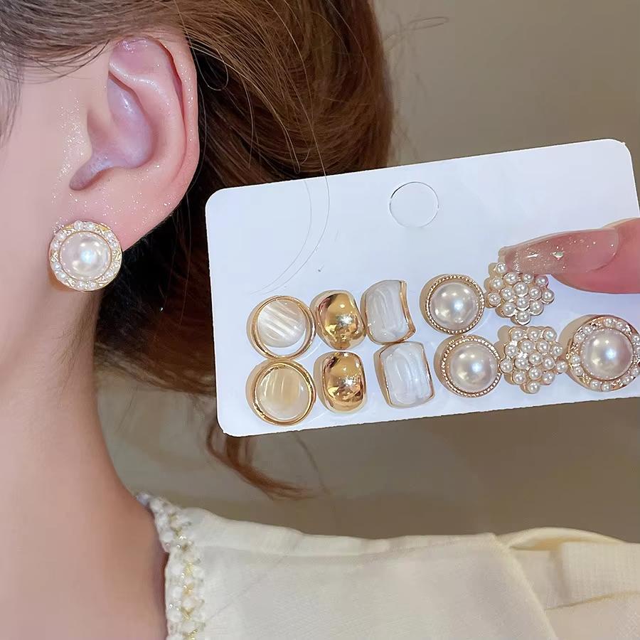 6/10/12 Pcs Simulated Pearl Round Square Stud Earrings Small French Elegant Daity Ear Studs for Women Daily Jewelry Sets F