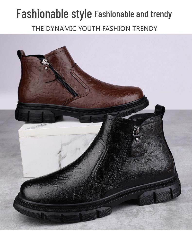 Men's British Style High-Top Leather Winter Boots with Velvet - Trendy Motorcycle Mid-Top Workwear.