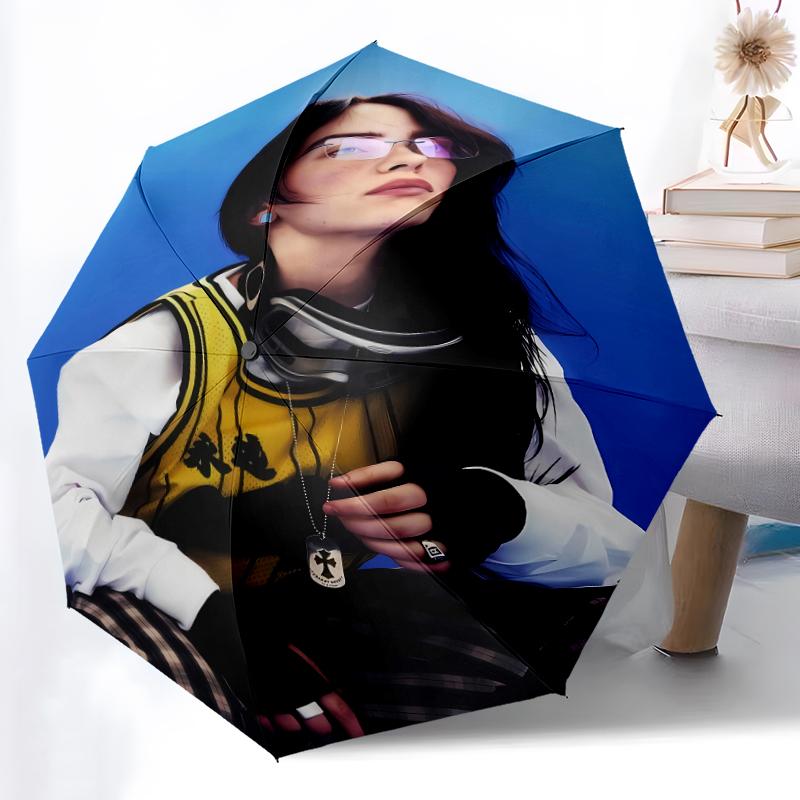Singer Billie Eilish1 Print Automatic Umbrella, 8 Rib Iron Frame, Plastic Handle, Suitable for Outdoor Travel &Daily , Ideal Gift