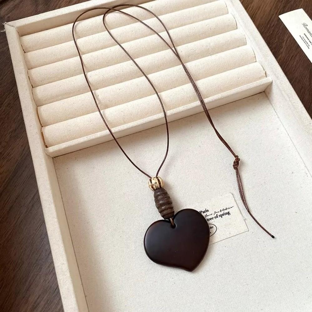 Hollow Heart Geometric Pendant Necklace Adjustable Rope Long Chain Resin Necklace Vintage