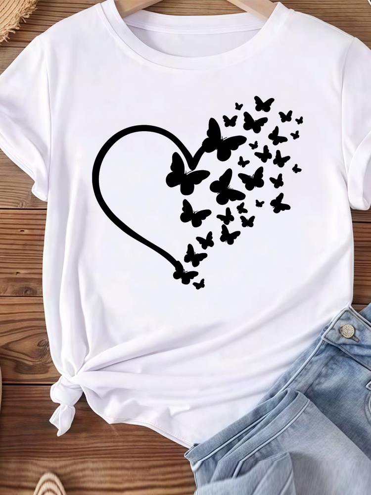(Asian Size) Love Heart Butterfly Trend Women Tee Top Clothing Casual T Shirt Fashion Printed Lady Female Graphic  Short Sleeve T-shirts