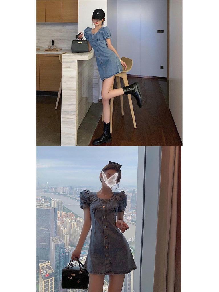 Women's Plus Size Slimming Denim Bubble Sleeve Dress - Summer Waist-Cinching Suspender Skirt