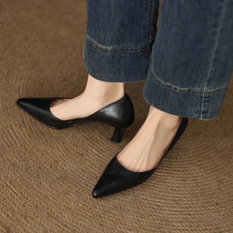 

Весна и лето новая женская обувь на высоком каблуке профессиональная для работы с открытой носочной частью туфли-стилет с закрытой пяткой однотонные с острым носком темпераментные одинарные туфли 40 чёрный