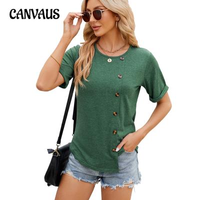 Tricou de vară pentru femei, de culoare uni, cu decolteu, nasturi, tiv neregulat, tricou cu mâneci scurte
