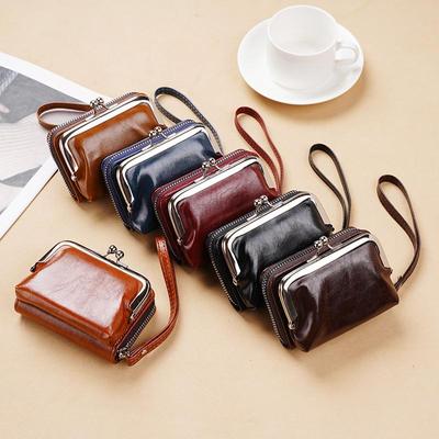 Damen Geldbörse Klein Damen Kompakt PU Leder Vintage Kartenhalter Münzfach mit Reißverschluss Vintage Clip Organ Handgelenktasche CLE