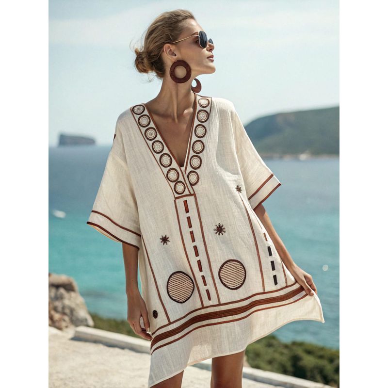 New Amazon Women's Clothing Super Fairy V-Neck Dress Seaside Vacation Beach Dress Printed Loose Mid-Length Dress