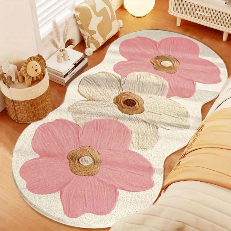Extra Soft Fluffy Floral Polyester Rug-Non-Slip Machine Washable Plush Shaggy Rug Irregular Shape for Bedroom Living Room Decor