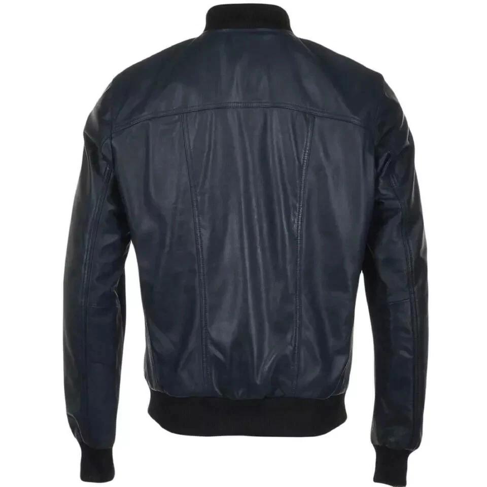 Navy Blue Handmade Leather Biker Genuine Lambskin Biker Stylish Wear Men Jacket Fit