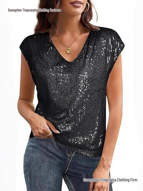 Women's Solid Color V-neck Raglan Sleeve Sequin Top