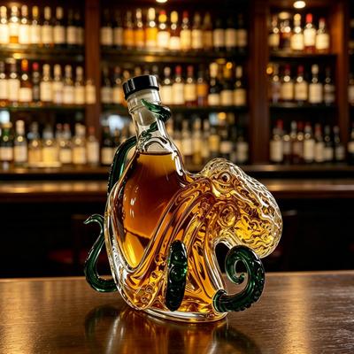 Carafa de Whiskey în formă de caracatiță, Sticlă de vin suflată 3D cu dop, 400ml Articol de bar realizat manual fără plumb, Decor creativ pentru bar Cadou pentru bărbați