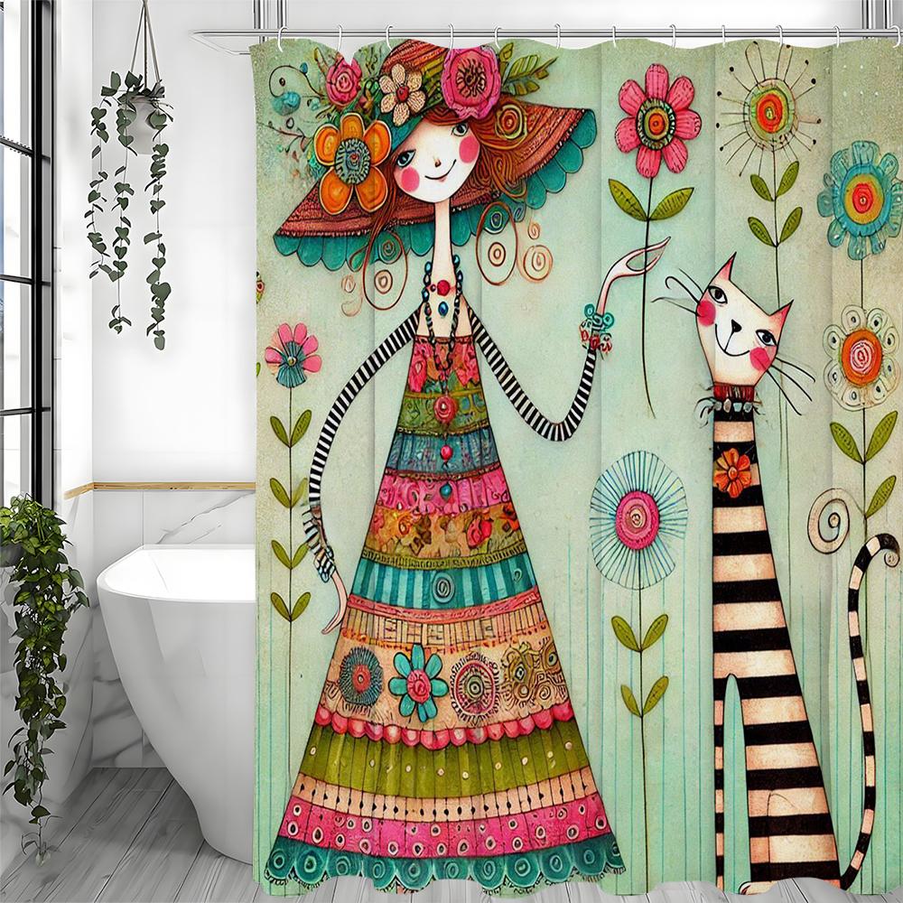 

Мультяшная маленькая девочка, кошка, цветочная шторка для душа, декоративная шторка для душа для ванной комнаты, водонепроницаемая шторка для душа с крючками 90*180cm