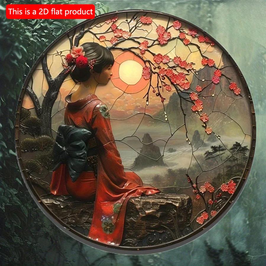 2d Flat 20*20cm, Round Wooden Art Sign, Japanese Kimono Decorative, Entrance Decor Gife, for Home, Kitchen, Garden, Bedroom, Bar Decor.