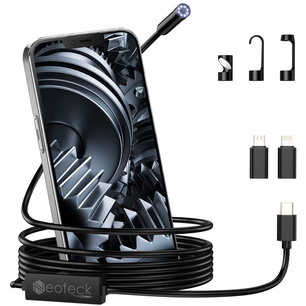 Neoteck Fiberscope Endoscope 5m 8 LED Industrial Snake IP67 Compatible with Air and Industrial Japanese Instruction Manual Camera, 1920P, Cable,