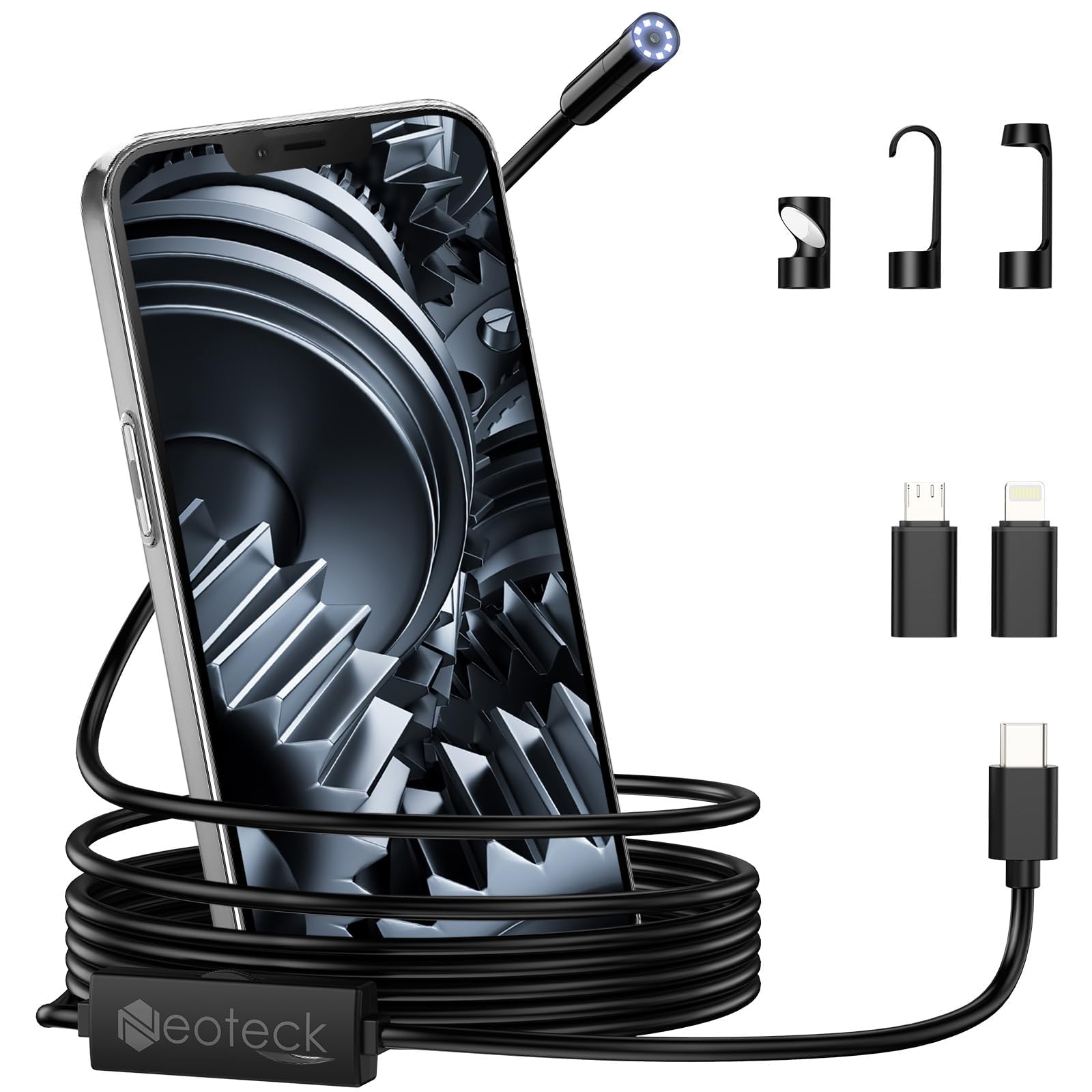 

Neoteck Fiberscope Endoscope 5m 8 LED Industrial Snake IP67 Compatible with Air and Industrial Japanese Instruction Manual Camera, 1920P, Cable, чорний
