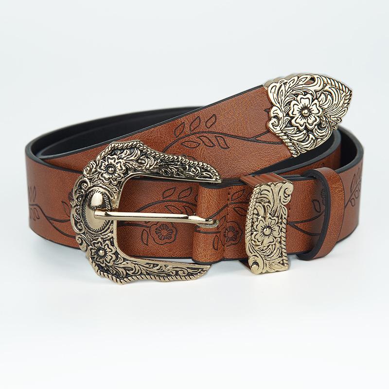 American Western Style Flower Embossed Pin Buckle Belt, Retro and Old Bronze Engraved Buckle Women's Dress Belt