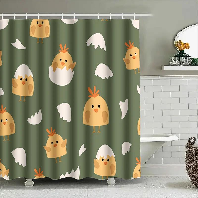 Chicken Eggshell Shower Curtain Green Yellow Chicken Print Bath Mat Decor For Kids Room Polyester Fabric Waterproof Home Linen A