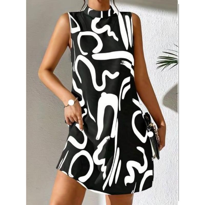 VEZFAA Women's Fashion Summer Spring Colour Block Print Sleeveless Half Turtleneck Loose Waistlinet Casual Dresses