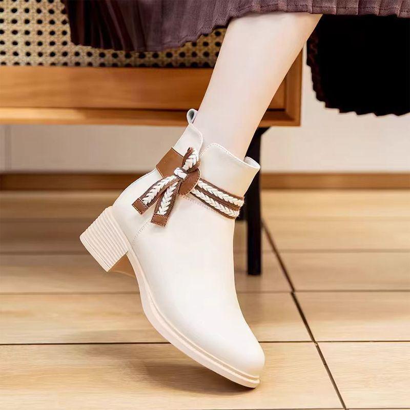 Damen Stiefeletten mit Blockabsatz - Weiches Leder im koreanischen Stil, Herbst/Winter 2025 Kollektion, Vielseitig und Figurformend für Kleider.