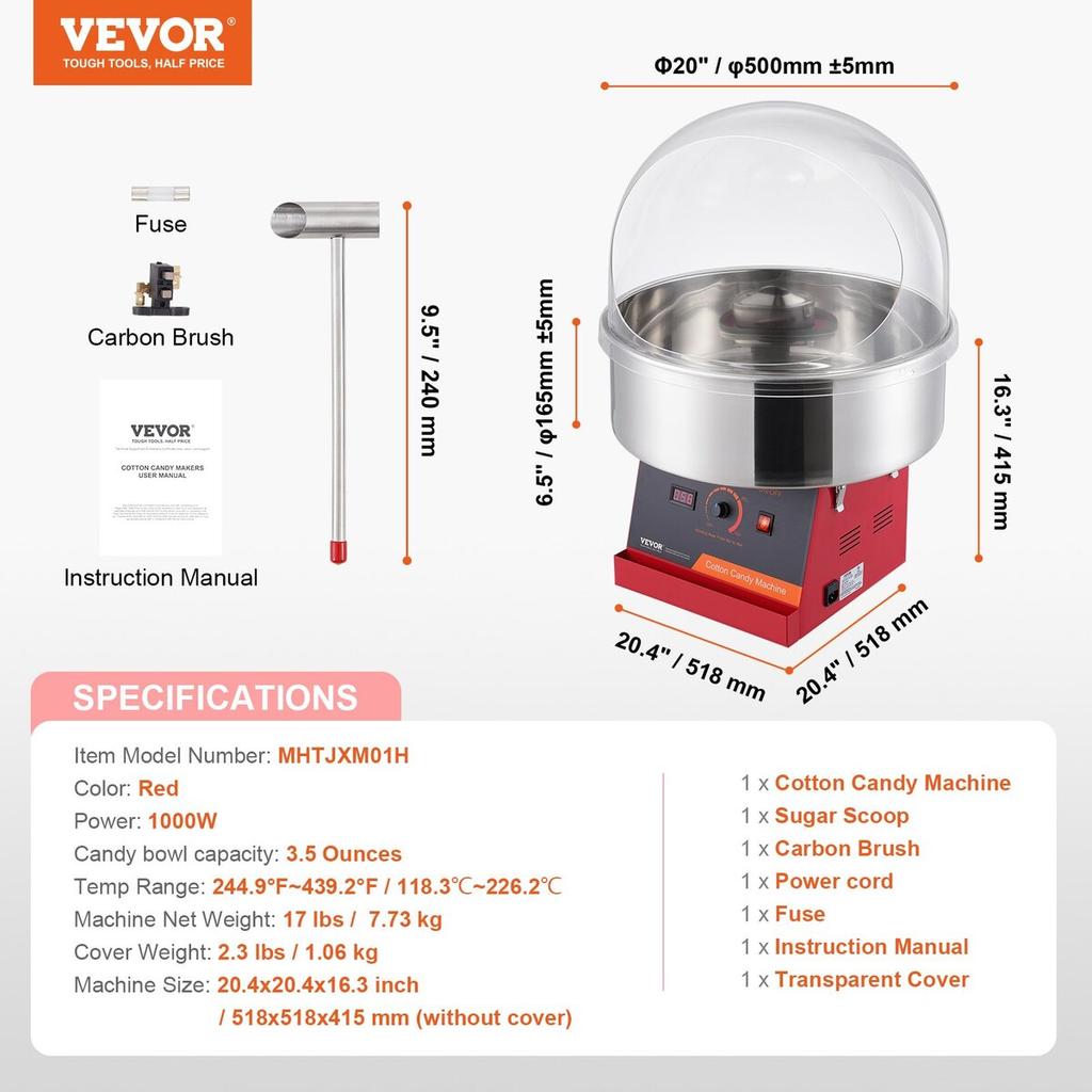 Electric Cotton Candy Machine, 1000W Candy Floss Maker, Commercial Cotton Candy Machine with Cover, Stainless Steel Bowl, and Sugar Scoop, Perfect for