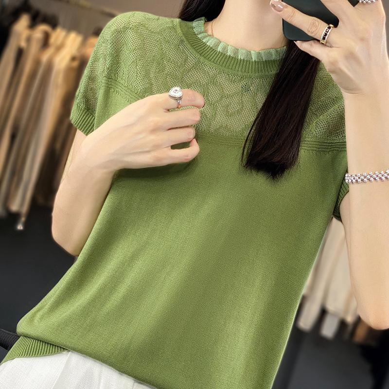 Tricou cu mânecă scurtă de vară pentru femei 50% amestec de mătase și poliester dud | Top casual ușor, respirabil, slim fit