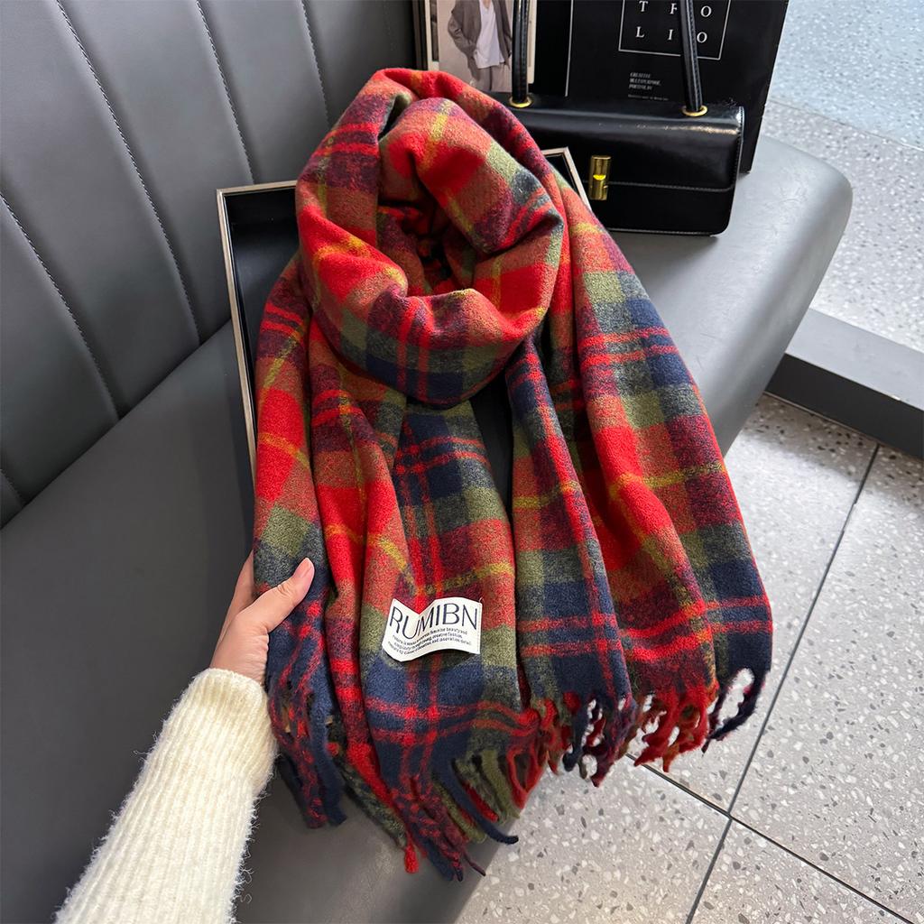 Karierter Mode-Schal Damen Winter Verdickter Schal Alles Warmes Lätzchen Doppelseitige Lange Imitat Kaschmir Schals Cape Bandana
