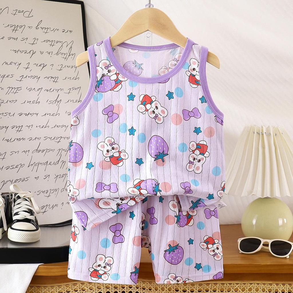 2026 Summer Children O-Neck Sleeveless Vest Suits Baby Spring Short Pants Two-pieces Set Cartoon Cotton Suit for Girl Boy