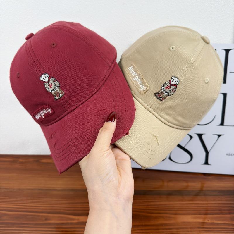 Bear Embroidered Baseball Cap Female Spring and Autumn Korean Casual Versatile Wide Brim Big Face Small Soft Top Cap Male