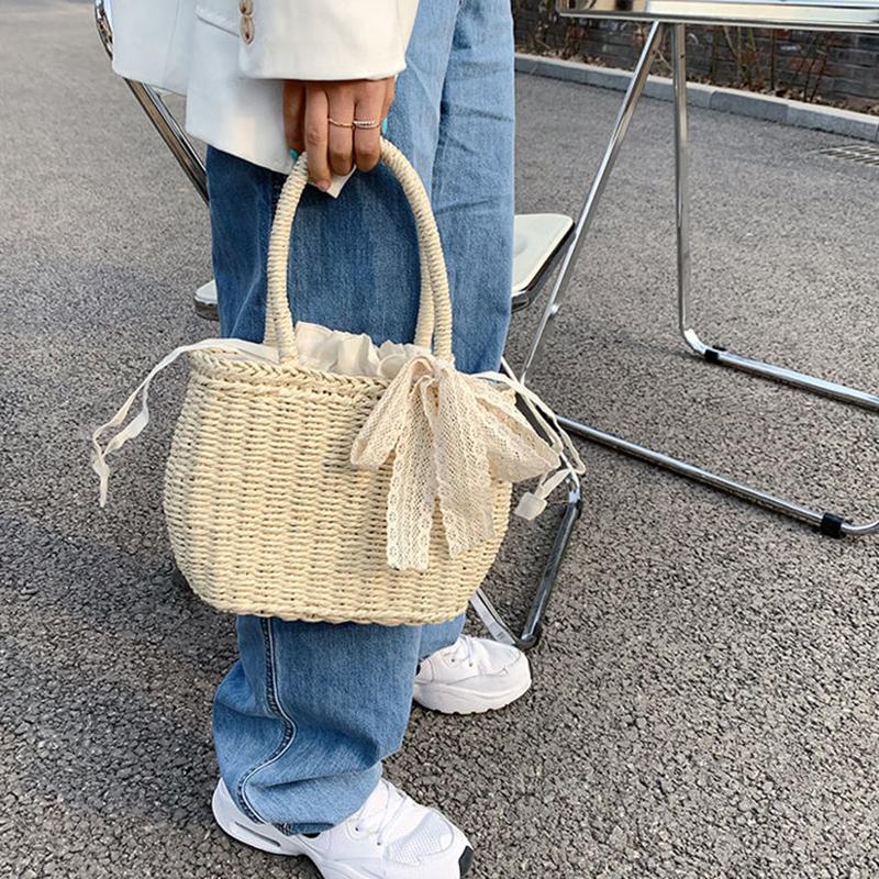 Geantă de mână din dantelă din paie de vară, geantă de plajă din ratan, cu capacitate mare