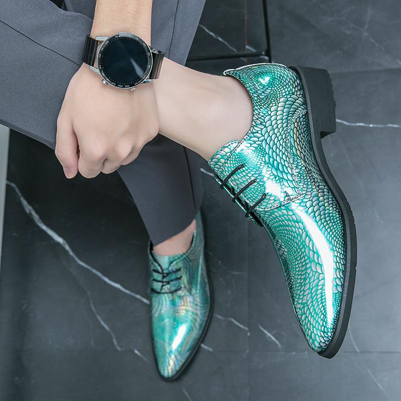 Model Laufsteg Catwalk Lederschuhe Herren Persönlichkeit Laser Drachenschuppenmuster Lackleder Glänzend Spitz Herrenschuhe 48 Trendy Nachtclubschuhe