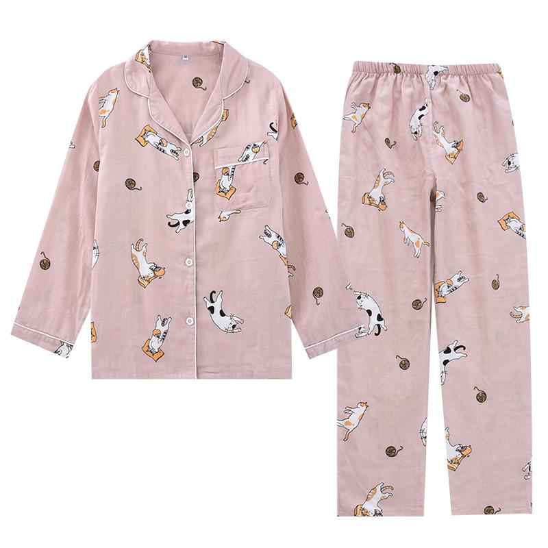Unisex Japanischer Baumwollgaze Pyjama Set: Süße, dünne, langärmlige Homewear für alle Jahreszeiten.