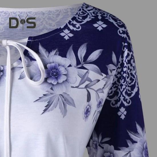 Women Top Flower Print Horn Sleeve A Line Loose Hem Lace Up Round Neck Slim Fit Tight Waist Contrast Color Lady Spring Fall Blouse Top