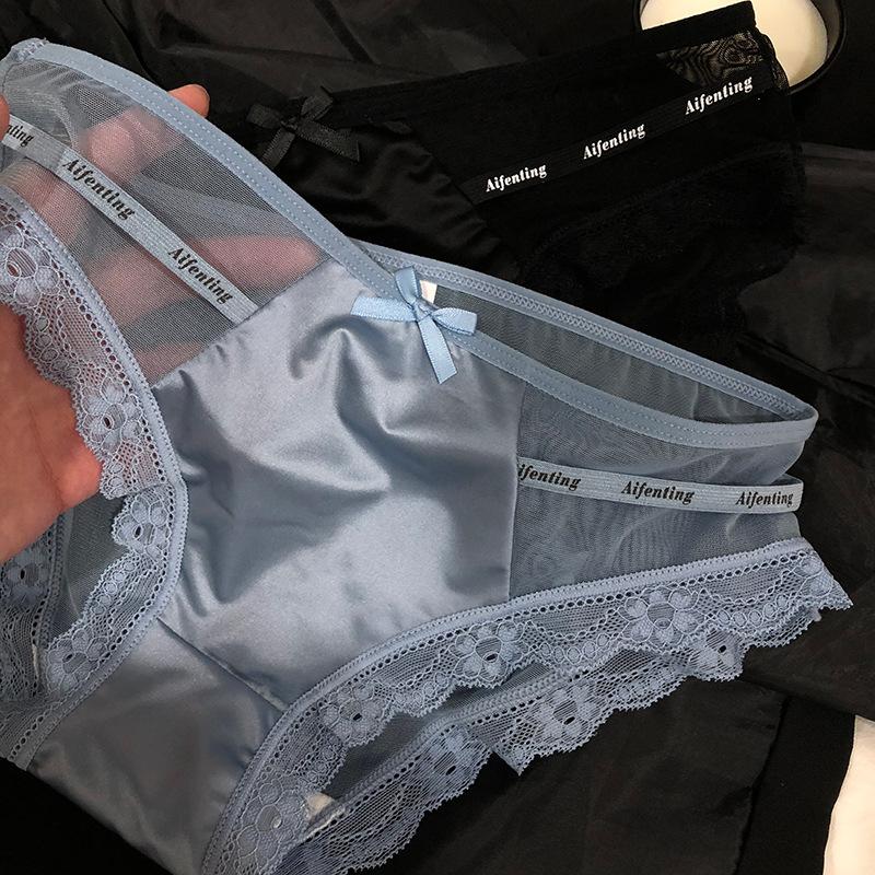 Satin Letter Hollowed Out Fashionable Women's Ice Silk Black Lace Underwear Sexy New Women's Triangle Pants