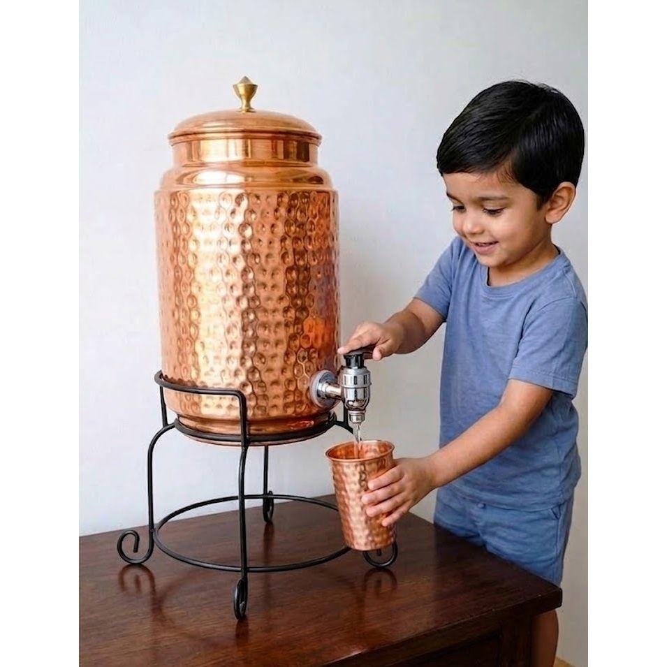 Copper Water Dispenser Set, 5 Litres, with Stand, 1 Glasses and ABS Tap, HaMmered Design (HaMmered Natura)