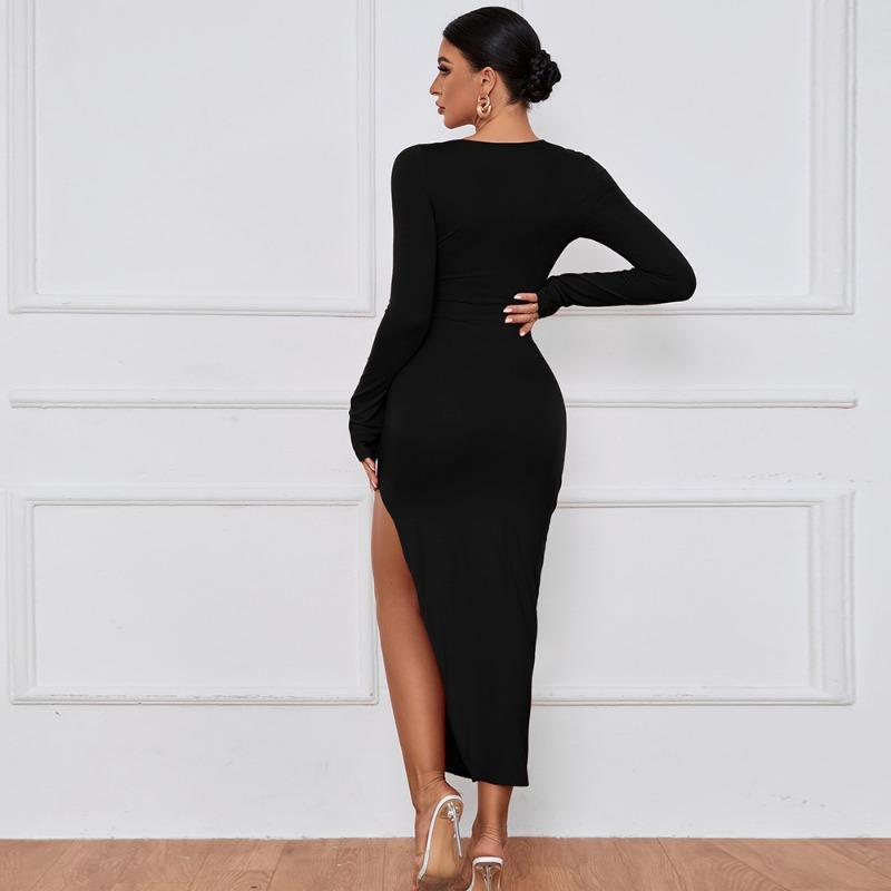 Rochie de seară sexy cu fantă goală la modă pentru femei, cu mâneci lungi, ocazional, pentru petrecere, rochii tip creion, pentru femei, vară, cu talie înaltă, temperament, rochie subțire pentru doamne 25558