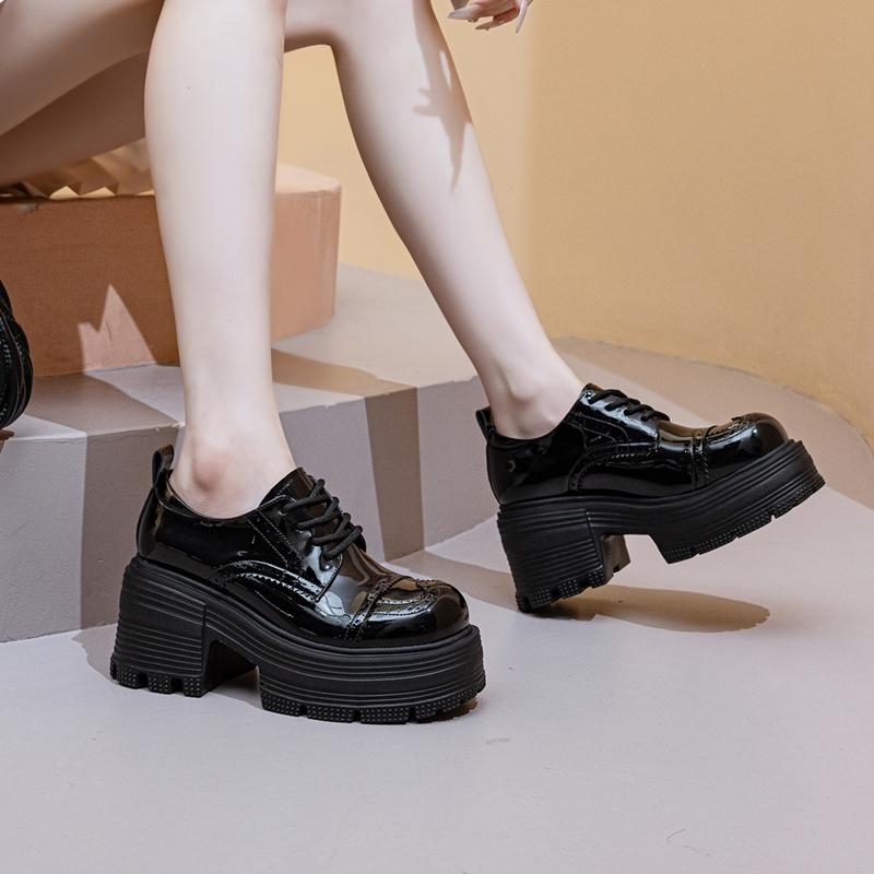 Brogue Women's Shoes 9cm Thick-soled Lace-up Loafers Female Comfortable and Height-enhancing Women High Heels