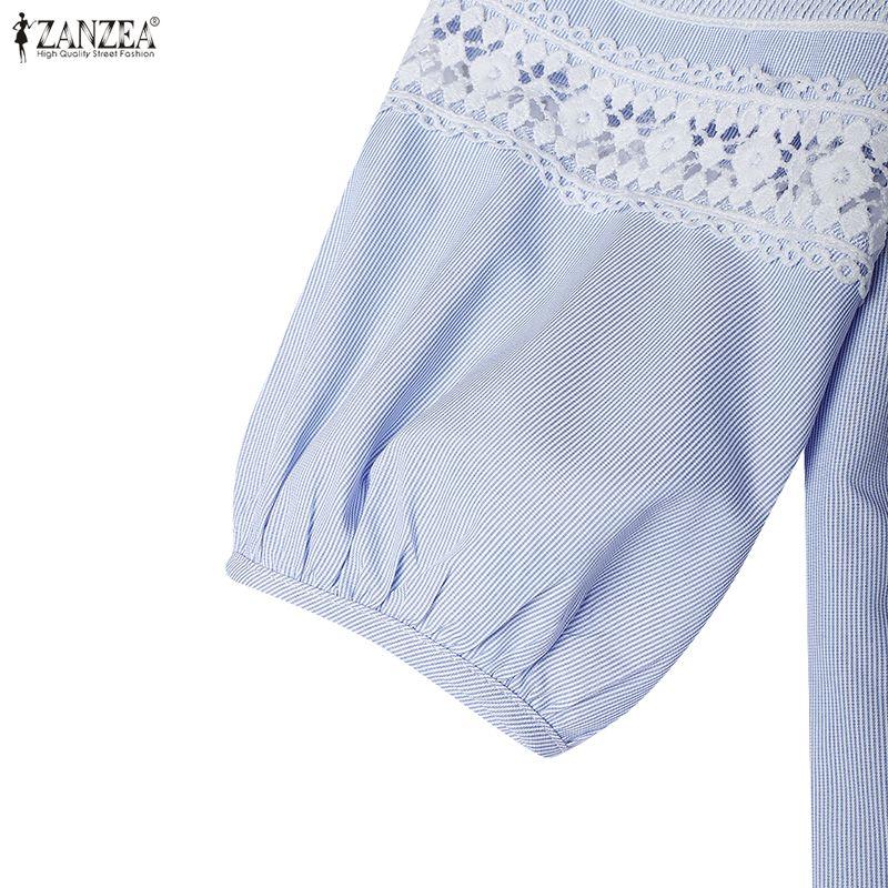 ZANZEA Women Casual Round Neck Loose 3/4 Sleeve Stripe Blouse