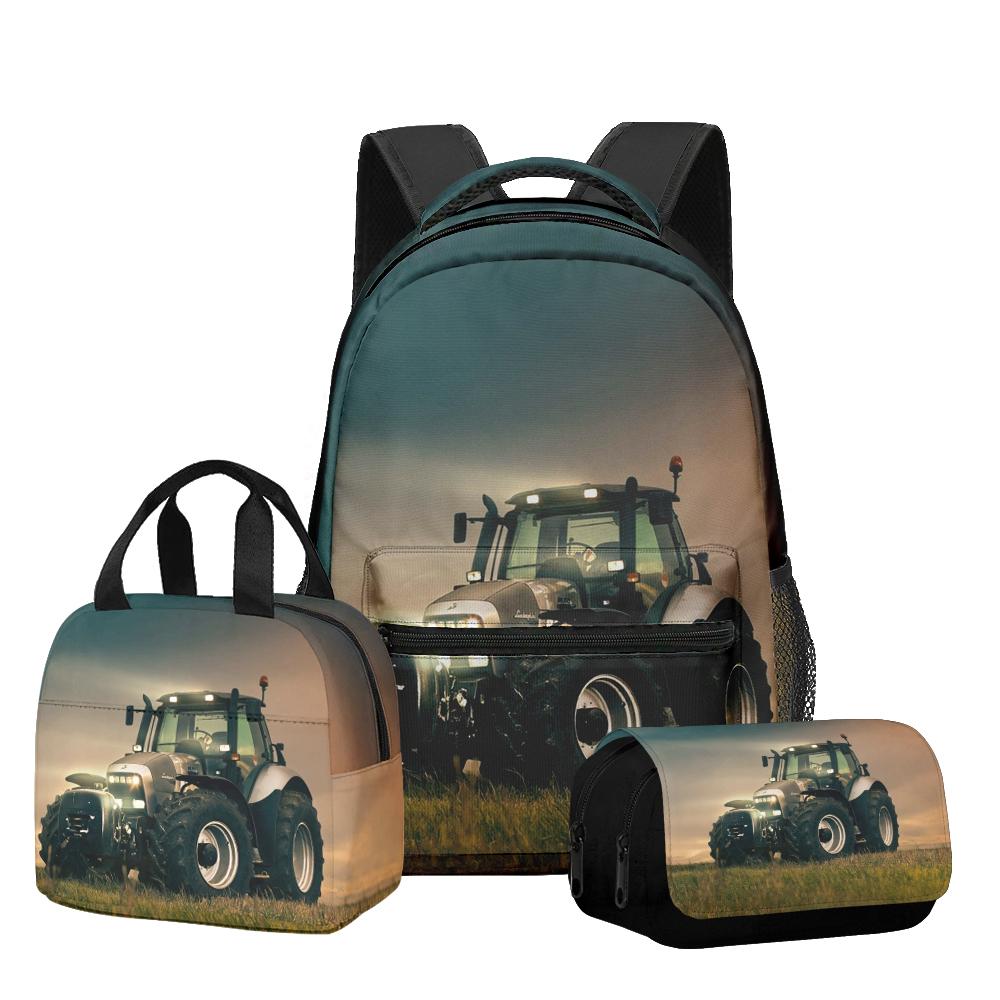 Classic Novelty Cool Tractor pattern 3D Printed 3pcs/Set Student School Bags Laptop Daypack Backpack Lunch bag Pencil Case