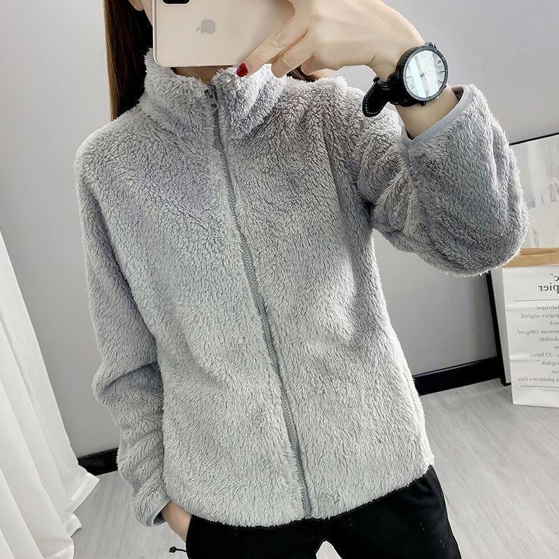 Fleece jacket women's double-sided fleece short top thermal stand-up neck cardigan plush zipper jacket sweater women