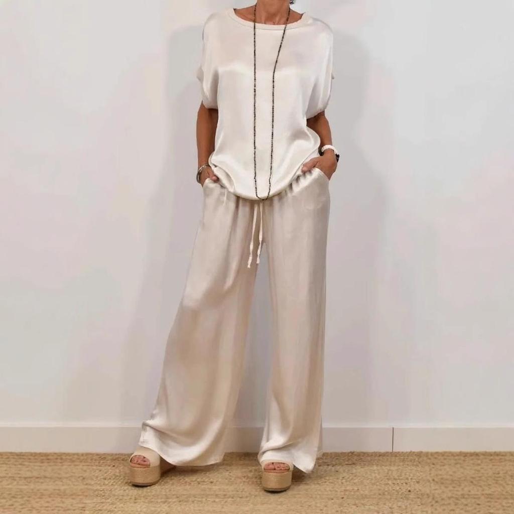White Oversized Short Sleeve Shirt and Off-White Wide Leg Drawstring Pants Set