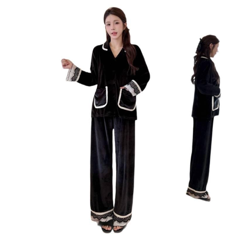 New golden velvet pajamas women's autumn and winter cardigan comfortable lace temperament French long-sleeved trousers set loungewear