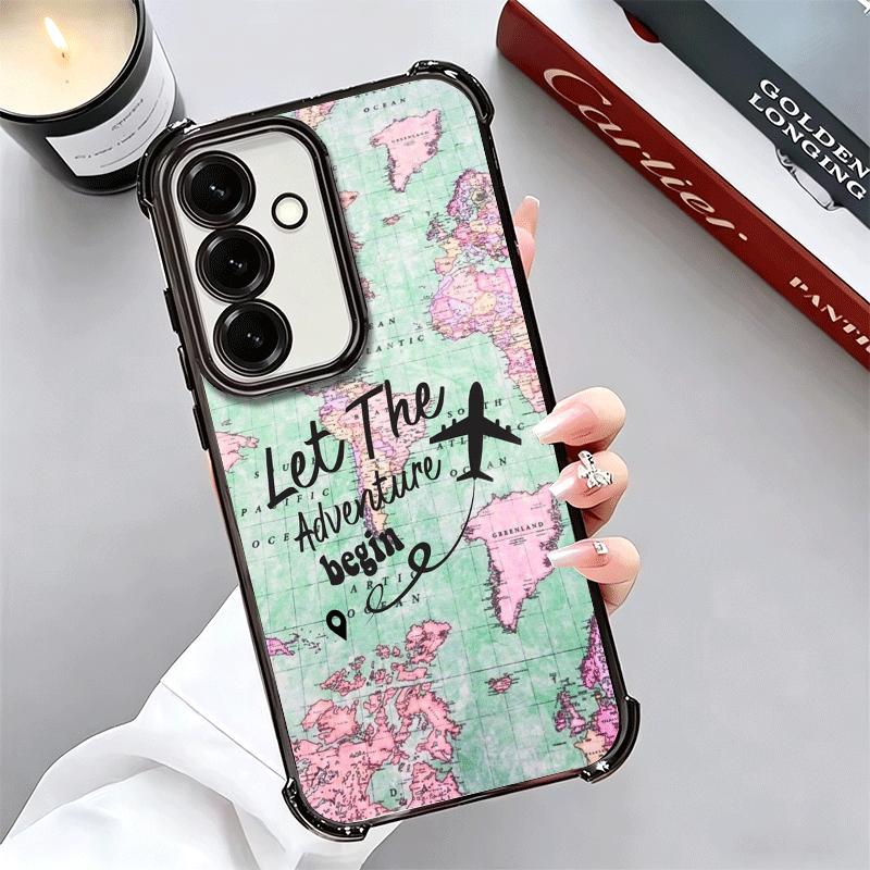 Travel Map Artistic Pattern Plating Phone Case For Samsung A17 A07 A37 A57 A16 A56 A15 A55 A14 A54 A13 A53 A26 A36 A25 A35 A24 A