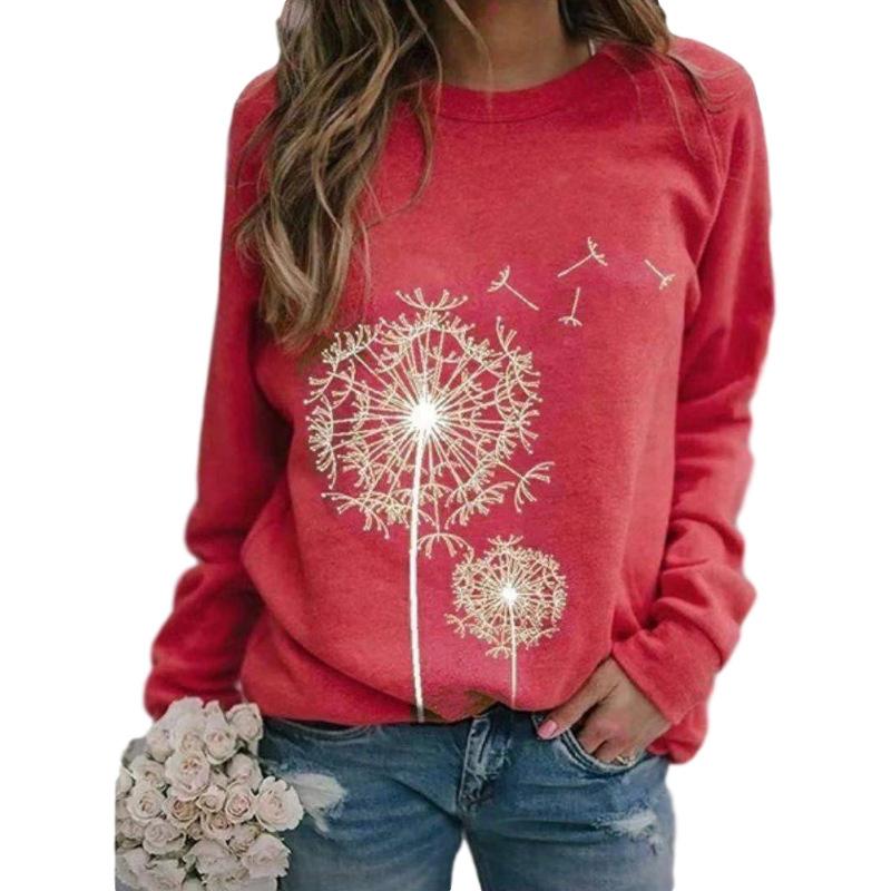 Herbst Frühling Damen Pullover T-Shirt Langarm Rundhals Oberteil Tee Löwenzahn Druck Basic Tunika Oberteil Lässige Blusen Sweatshirt