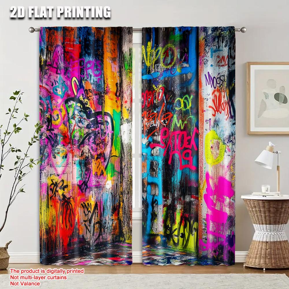 2 Stück, 2D flach bedruckt Party-Fenstervorhänge Graffiti Vielseitiger Polyesterstoff, Ohne Strom Familienparty-Dekoration