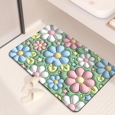 Bodenmatte, 3D-visueller Effekt, schnell trocknend, Kieselalgenschlamm, 40 x 60 cm, Blumenmuster, Badezimmer, rutschfeste Bodenmatte für den täglichen Gebrauch