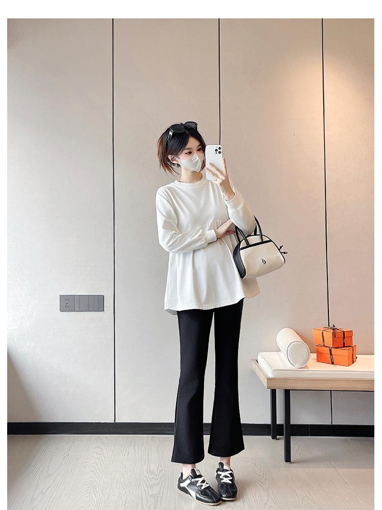 Korean Style Khaki Babydoll Maternity Sweatsuit with Micro Flared Pants for Spring/Autumn