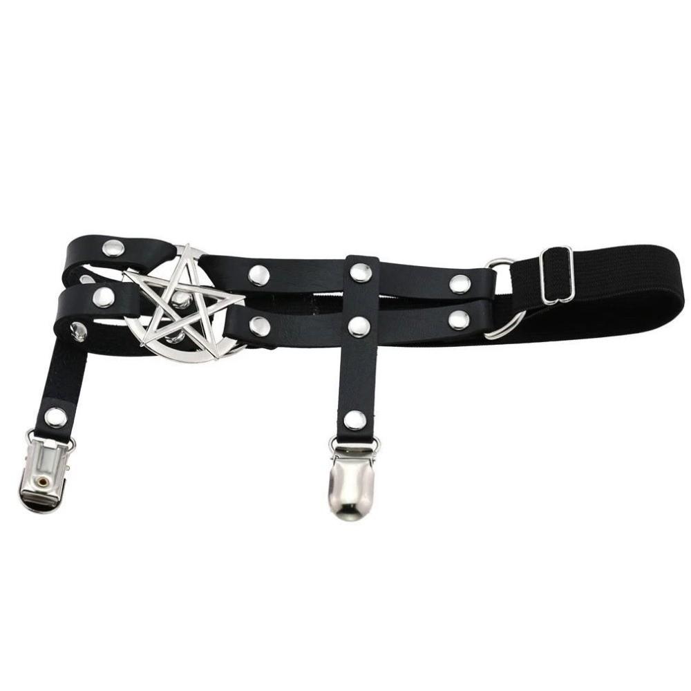 Punk Suspender Stockings Clip PU Leather Garter Belt Cool Pentagram Leg Strap  JK Accessory
